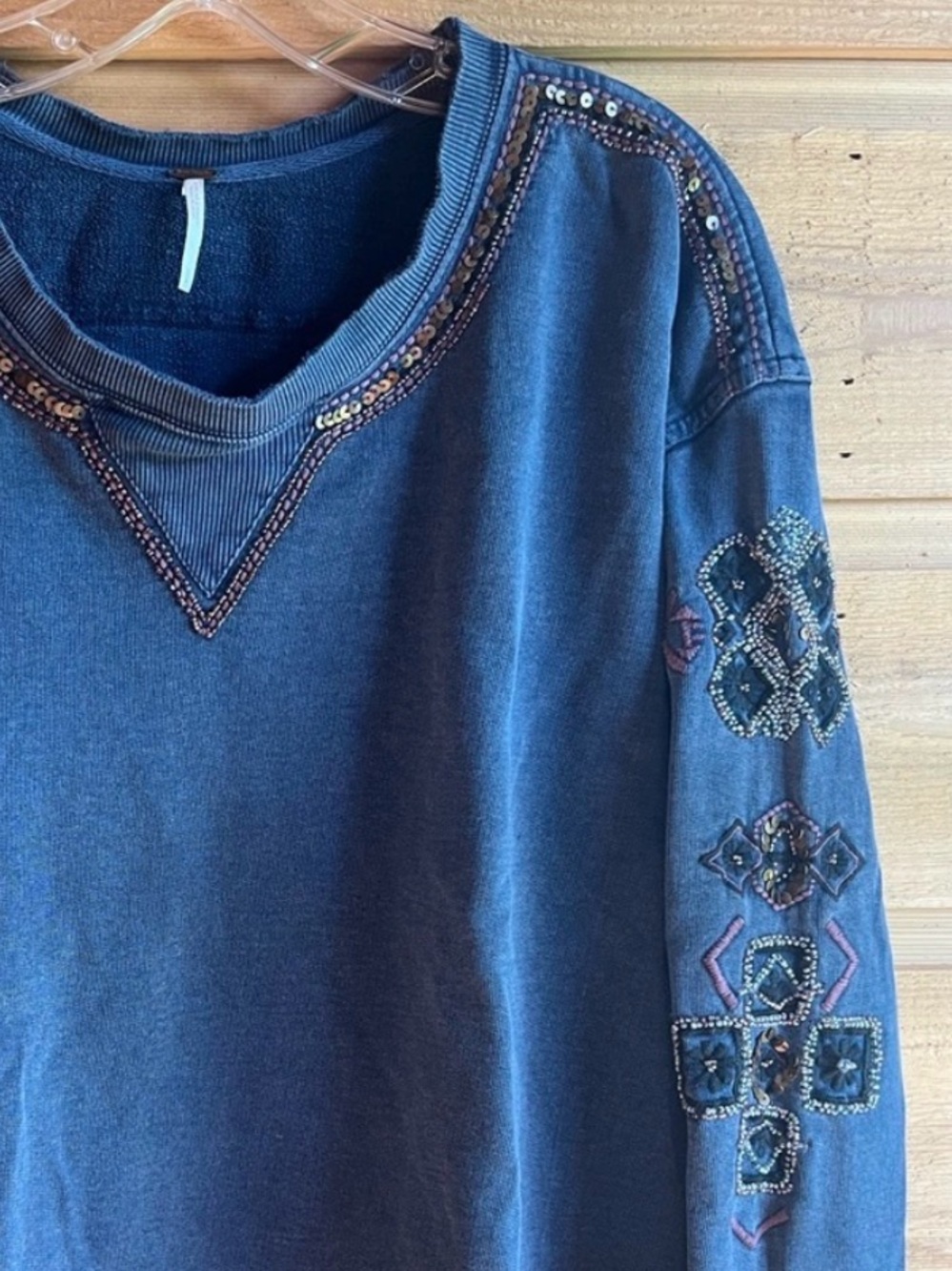 FREE PEOPLE - Rare Embellished Navy Cotton Long-Sleeve Pullover w Sequins & Bead